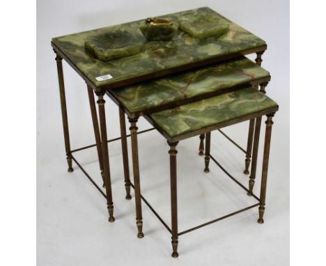 A QUANTITY OF BRASSWARE to include a coal box together with a nest of onyx and brass tables, the largest 50cm wide, a pair of