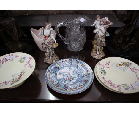 TWO CONTINENTAL PORCELAIN FIGURINES OF A FAMILY together with a Poole pottery vase, a 19th century cut glass jug, plates etc