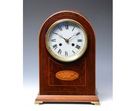 AN EDWARDIAN MAHOGANY MANTEL CLOCK with white Roman dial, the twin train drum movement with Jules Rolez Ltd stamp and coiled 