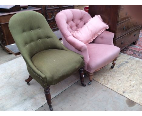 AN EARLY VICTORIAN UPHOLSTERED NURSING CHAIR and a further button back upholstered tub chair (2)