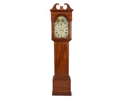 A 19TH CENTURY MAHOGANY LONGCASE CLOCK, the enamel arched dial painted with castles and lake scenes, having seconds and calen