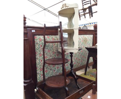 A VICTORIAN EMBROIDERED RECTANGULAR STOOL with mahogany cabriole legs and bun feet 58cm wide together with a butlers tray and