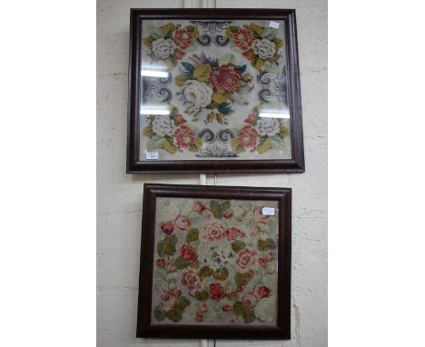 A VICTORIAN WOOL AND BEADWORK TAPESTRY FLORAL PICTURE 48cm x 48cm together with two further woolwork pictures (3)