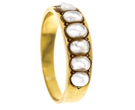 Perlen-Ring GG 750/000 ungest., gepr., mit 7 leicht barocken Halbperlen 5 - 3,5 mm, RG 57, 3,2 g