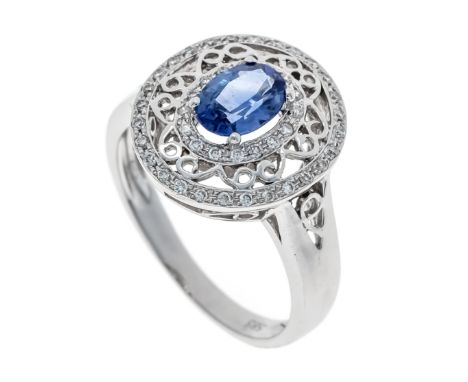 Saphir-Brillant-Ring WG 585/000 mit einem oval fac. Saphir 7 x 5 mm, Blau, transparent und 44 Brillanten, zus. 0,22 ct W/SI, 