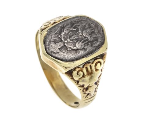 Antiker Siegel-Ring GG 585/000 ungest., gepr., silbernes Siegel mit religiösem Motiv, RG 64, 7,7 g