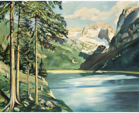 K. Kluth, 1. H. 20. Jh., ''Der Gosausee mit Blick auf den Dachsteingletscher'', Öl auf Hartfaser, u. re. sign. u. dat. ''K. K