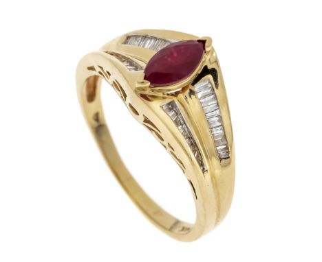 Rubin-Diamant-Ring GG 585/000 mit einem navetteförmig fac. Rubin 8 x 4 mm und 40 Diamant-Trapeze, zus. ca. 0,25 ct W/SI-PI, R