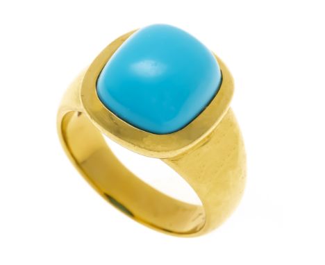 Türkis-Ring GG 750/000 mit einem rechteckigen Türkis-Cabochon 12,6 x 11,7 mm, RG 60, Meisterpunze,15,8 g