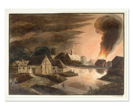 K. Augusta, Landschafts- und Genremaler um 1800, Ansicht eines Dorfes am Weiher mit brennendem Haus, 1800, Gouache und Aquare