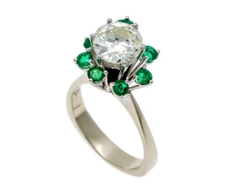 Altschliff-Diamant-Smaragd-Ring WG 750/000 mit einem Altschliff-Diamanten 2,25 ct l.get.Weiß (I-J)/VS-SI und 7 rund fac. Smar