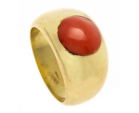 Korallen-Ring GG 585/000 mit einem runden Korallen-Cabochon 10,5 mm in einem kräftigen, orangestichigen Rot, RG 58, 17,9 g