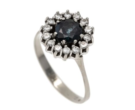 Saphir-Brillant-Ring WG 750/000 mit einen rund fac. Saphir 6,4 mm, Dunkelblau, transparent und 14 Brillanten, zus. 0,39 ct l.