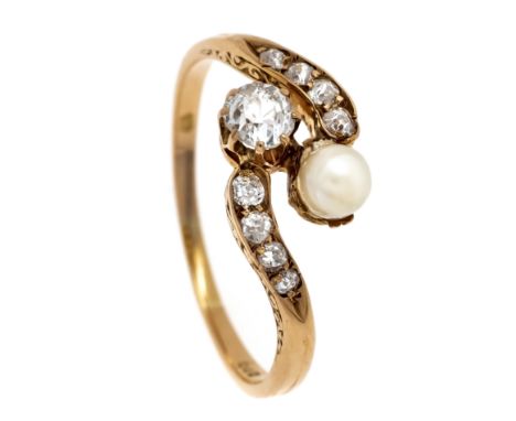 Belle Époque-Ring RG/WG 585/000 mit einer weißen Perle 4 mm und 9 Altschliff-Diamanten, zus. 0,40 ct l.get.W/SI, RG 58, 2,2 g