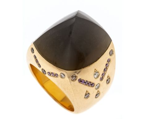Massiver Designer-Ring GG 750/000 ungest., gepr., mit einem im Fantasieschliff fac. gräulichen Edelstein 21,5 x 18,5 mm und B