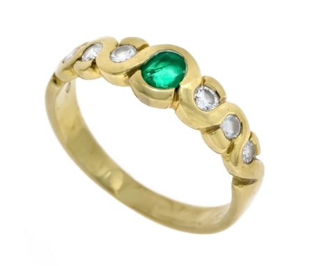 Smaragd-Brillant-Ring GG 750/000 mit einem oval fac. Smaragd 4 x 3,5 mm in guter Farbe und 6 Brillanten, zus. 0,20 ct TW-W/VS
