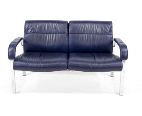 Designer Sofa, 20. Jh., SITAG, verchromtes Metallgestell, blaues Lederpolster, guter Zustand, 75 x 130 x 76 cm