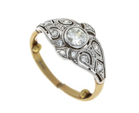 Art Déco-Ring GG/WG 585/000 mit einem Altschliff-Diamanten 0,20 ct l.get.W/SI und 12 Altschliff-Diamanten, zus. 0,12 ct W-l.g