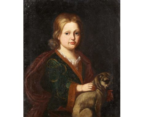 Bildnismaler um 1700, Portrait eines aristokratischen Mädchens mit Schoßhund (Mops?), Öl auf Lwd., unsign., doubl. u. retusch