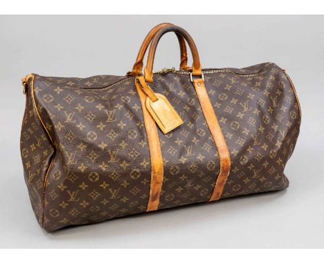 Louis Vuitton, Vintage Keepall Monogram Canvas Weekender, gummiertes Baumwollgewebe im klassischen Logoprint-Design mit Detai