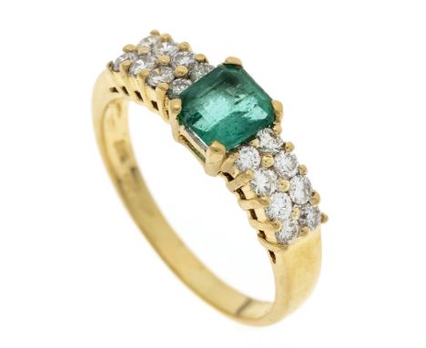 Smaragd-Brillant-Ring GG 750/000 mit einem im Smaragdschliff fac. Smaragd 5,8 x 5,2 mm in sehr guter Farbe und Reinheit, sowi