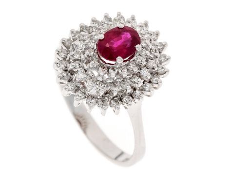 Rubin-Diamant-Ring WG 585/000 mit einem oval fac. Rubin 6,8 x 5,1 mm in sehr guter Farbe und Achtkantdiamanten, zus. 0,60 ct 