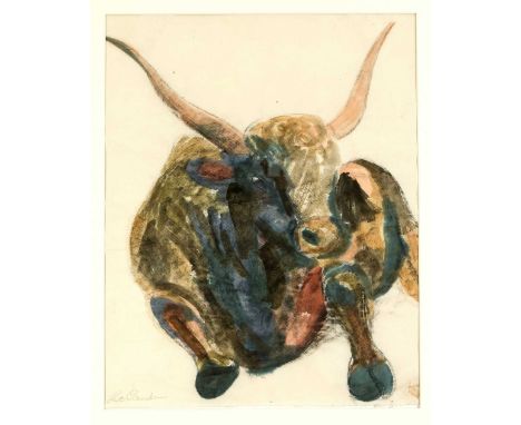 Richard Sander (1906-1987), Dresdner Künstler. Liegender Ochse, Aquarell über schwarzer Kreide auf Büttenpapier, u. li. sign.