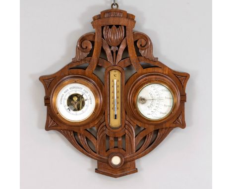 Wetterstation für die Wand, 1. H. 20. Jh. Durchbrochen gearbeitete Eichenholzplinthe mit Barometer, Thermometer und Hygromete