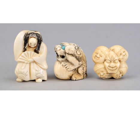3 Netsuke, Japan, 19. Jh., Elfenbein. Unterschiedliche Figuren und Masken, 1 x mit Wendekopf (beweglich), 1 x mit eingelegten