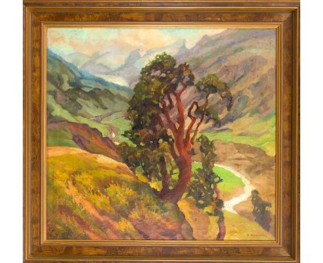 Karl Neumann (1891-1980/85), frühe, geradezu expressive Landschaftsdarstellung mit Baum an einem Hang zu einem alpinen Tal, u