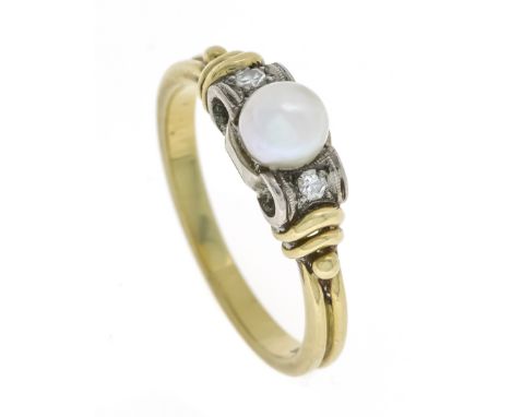 Perlen-Diamant-Ring GG/WG 585/000 mit einer Zuchtperle 5 mm und 2 Achtkantdiamanten, zus. 0,04 ct W/SI, RG 52, 3,0 g