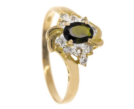 Turmalin-Diamant-Ring GG/WG 585/000 mit einem oval fac. Turmalin 7 x 5 mm und 10 Achtkantdiamanten, zus. 0,05 ct W/SI, RG 67,