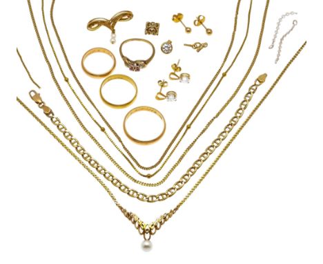 Gold-Konvolut: 1 Teil GG 750/000 4,2 g Ehering mit Widmung RG 57, 5 Teile GG 585/000 18,4 g, 1 Kette mit Federring, L. 70 cm,