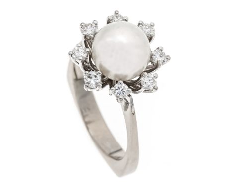 Perlen-Brillant-Ring WG 750/000 mit einer Zuchtperle 8,8 mm und 8 Brillanten, zus. 0,48 ct W/VS, RG 56, 6,3 g