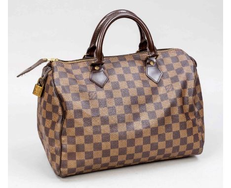 Louis Vuitton, Speedy Damier Ebene Canvas 30, braunkariertes gummiertes Baumwollgewebe mit Details aus dunkelbraunem Glattled