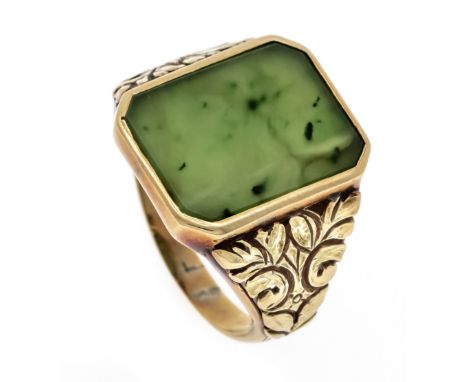 Herren-Nephrit-Ring GG 585/000 mit einer achteckigen Nephritplatte 17 x 13,5 mm, Dunkelgrün, RG 62, 7,9 g