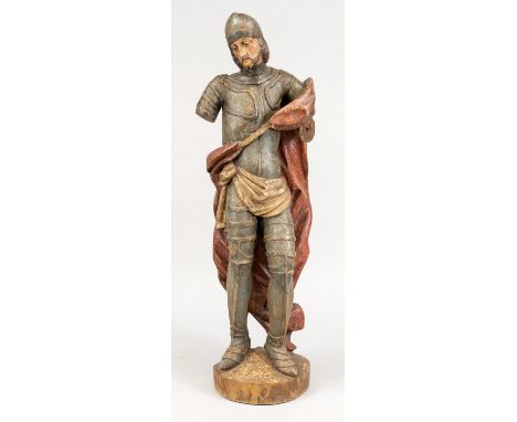 Holzbildhauer des 17./18. Jh., große Standfigur eines Ritters in Harnisch und rotem Umhang, rückseitig angeflachte und gehöhl