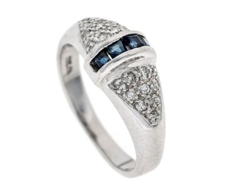 Saphir-Diamant-Ring WG 585/000 mit 4 carréförmig fac. Saphiren 2 mm und Achtkantdiamanten, zus. 0,18 ct (punziert) W/SI, RG 5