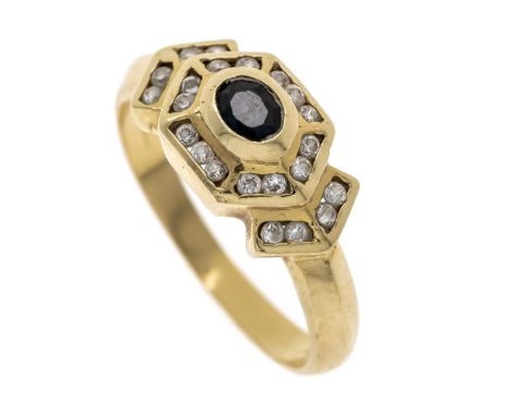 Saphir-Ring GG 750/000 mit einem oval fac. Saphir 5,0 x 3,0 mm, Blau, transparent und rund fac. weißen Schmucksteinen, RG 57,