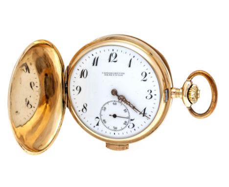 1/4 Stunden Herren Repetitionstaschenuhr Sprungdeckel, 585/000 GG, Chronometer, 2 Deckel Gold, Uhrwerk mit Ankergang läuft un