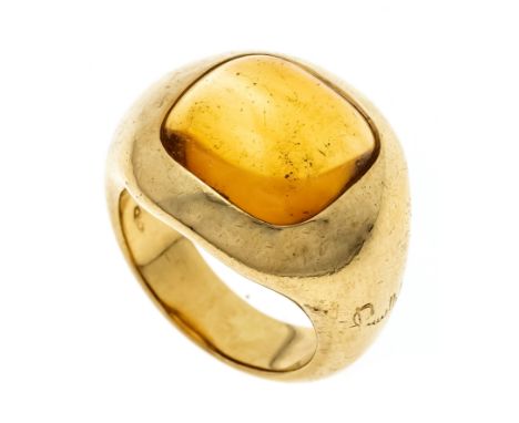 Citrin-Cabochon-Ring GG 750/000 mit einem quadratischen Citrin-Cabohcon 12,8 mm, berieben, RG 53, 18,5 g