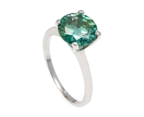 Moissanite-Ring WG 585/000 mit einem rund fac. Moissanite 2,55 ct, blaugrün, RG 53, 2,6 g