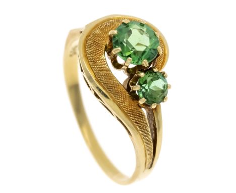 Turmalin-Ring 585/000 mit 2 rund fac. Turmalinen 5,8 und 3,8 mm, in einem leicht gelbstichigen Grün, in sehr guter Reinheit, 