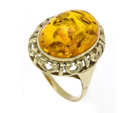 Bernstein-Ring GG 585/000 mit einem ovalen Bernstein-Cabochon 17,5 x 12,6 mm, RG 59, 4,5 g