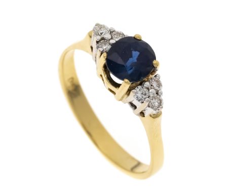 Saphir-Brillant-Ring GG 750/000 mit einem feinen, rund fac. Saphir 6,3 mm in sehr guter Farbe und Reinheit, sowie 6 Brillante