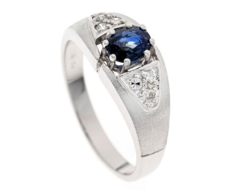 Saphir-Diamant-Ring WG 585/000 mit einem oval fac. Saphir 5,8 x 4,5 mm in guter Farbe und Reinheit, sowie 6 Achtkantdiamanten