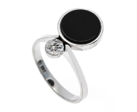 Onyx-Diamant-Ring WG 585/000 mit einer runden Onyx-Scheibe 10 mm und einem Achtkant-Diamanten 0,005 ct get.W/SI, RG 53, 3,2 g
