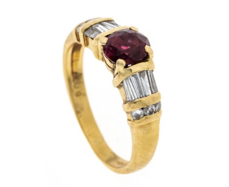 Rubin-Brillant-Ring GG 750/000 ''Flau'' punziert, mit einem oval fac. Rubin in sehr guter Farbe und Reinheit, sowie Brillante