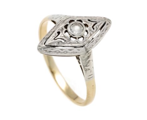 Art Déco-Ring GG/WG 585/000 mit einem weißen, rund fac. Edelstein 2,5 mm (Stein defekt), RG 54, 2,0 g
