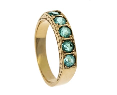Memory-Ring GG 585/000 mit 5 rund fac. blaugrünen Edelsteinen 3,7 mm, RG 54, 4,2 g